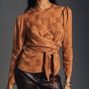 Dra Los Angeles rust orange checkered patterned top with front tie